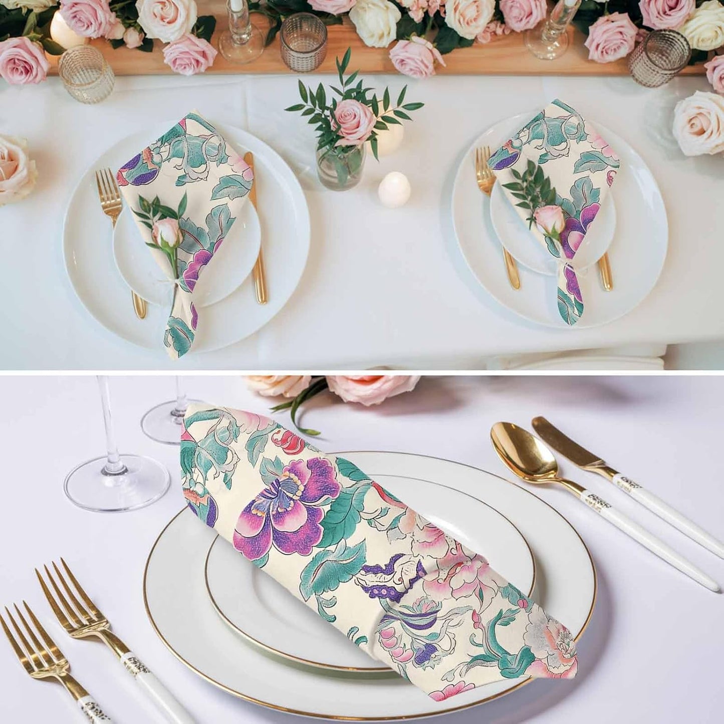 Retro Country Blossom Floral Cloth Napkins Set of 4 Ombre Purple Pink Flower Washable Linen Napkins Lunch Dinner Napkin Absorbent Reusable Western Napkins,20x20In