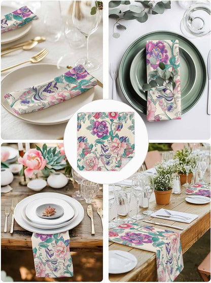 Retro Country Blossom Floral Cloth Napkins Set of 4 Ombre Purple Pink Flower Washable Linen Napkins Lunch Dinner Napkin Absorbent Reusable Western Napkins,20x20In