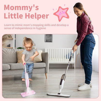 Kids Spray Mop,Fun & Functional Toddler Cleaning Set,Real Working Mop for Floors,Pretend Play – Includes Spray Bottle, 2 Washable Microfiber Pads, Montessori Kids Cleaning Toy Set -Pink