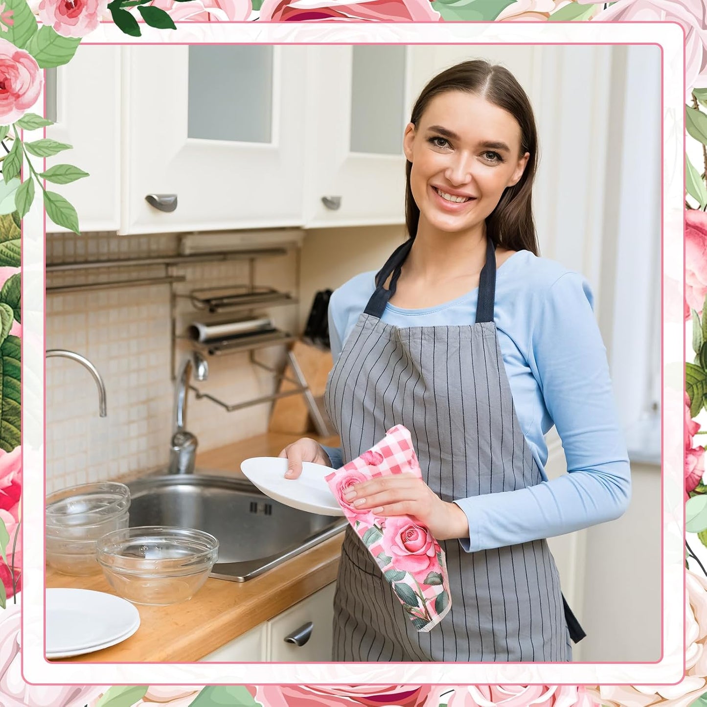 6 Pcs Pink Rose Kitchen Towel Set Funny Housewife Farmhouse Rustic Bath Hand Towel for Holiday Bathroom Gift, 24 x 16 Inches