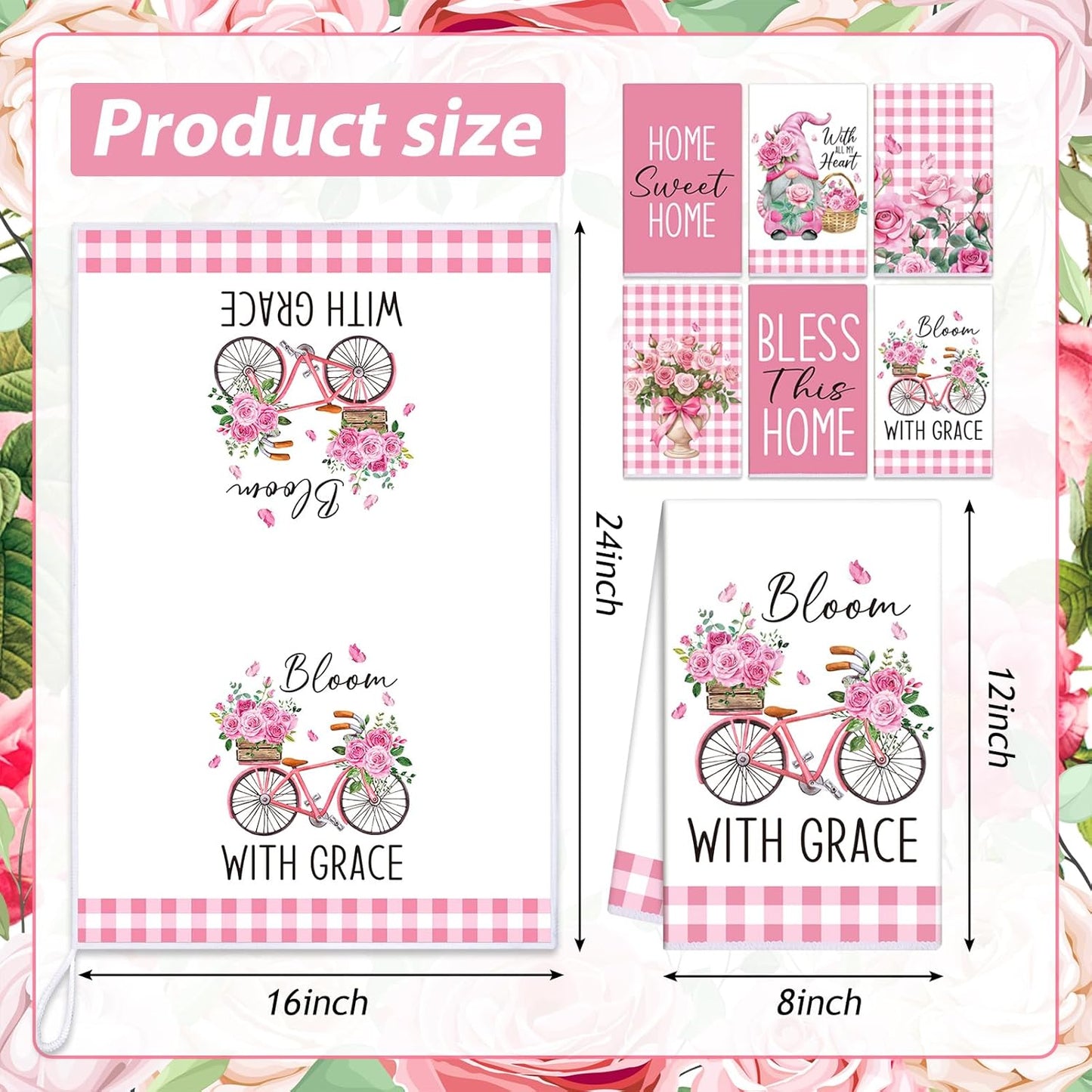 6 Pcs Pink Rose Kitchen Towel Set Funny Housewife Farmhouse Rustic Bath Hand Towel for Holiday Bathroom Gift, 24 x 16 Inches