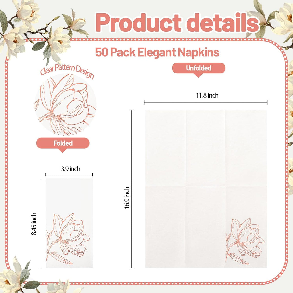 50 Pack Rose Gold Napkins - Magnolia Disposable Napkins for Weddings