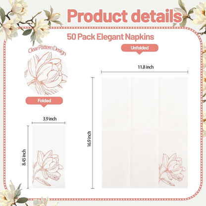 50 Pack Rose Gold Napkins - Magnolia Disposable Napkins for Weddings