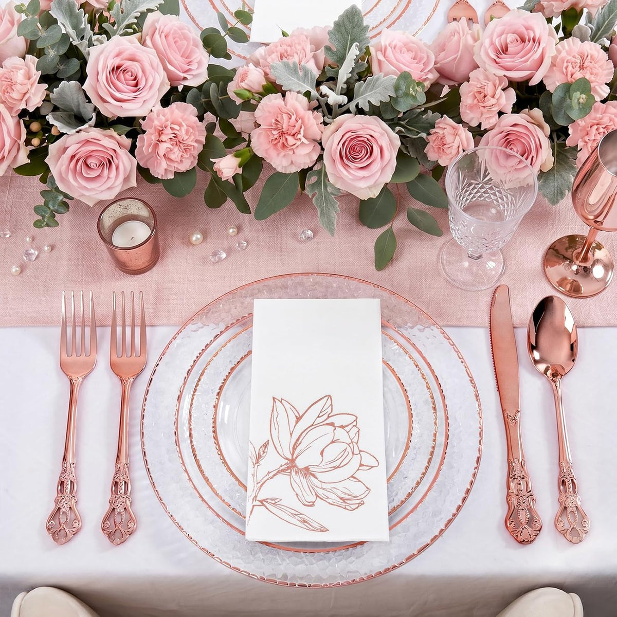 50 Pack Rose Gold Napkins - Magnolia Disposable Napkins for Weddings