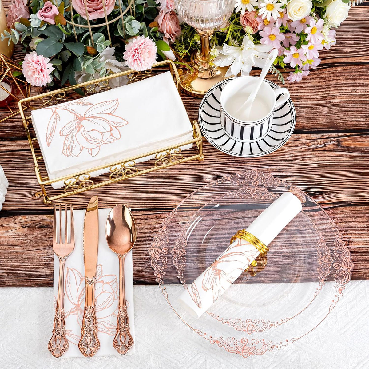 50 Pack Rose Gold Napkins - Magnolia Disposable Napkins for Weddings