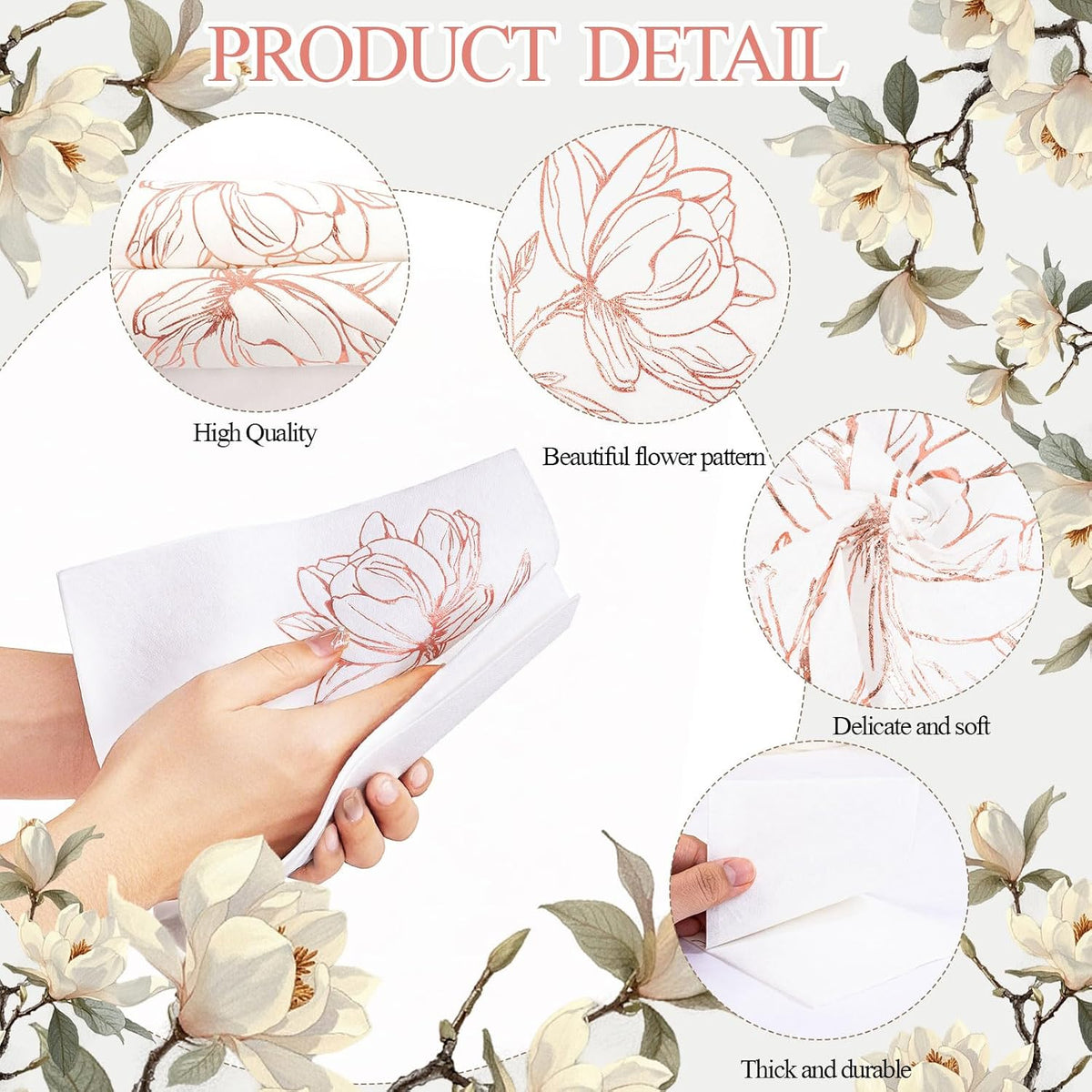 50 Pack Rose Gold Napkins - Magnolia Disposable Napkins for Weddings
