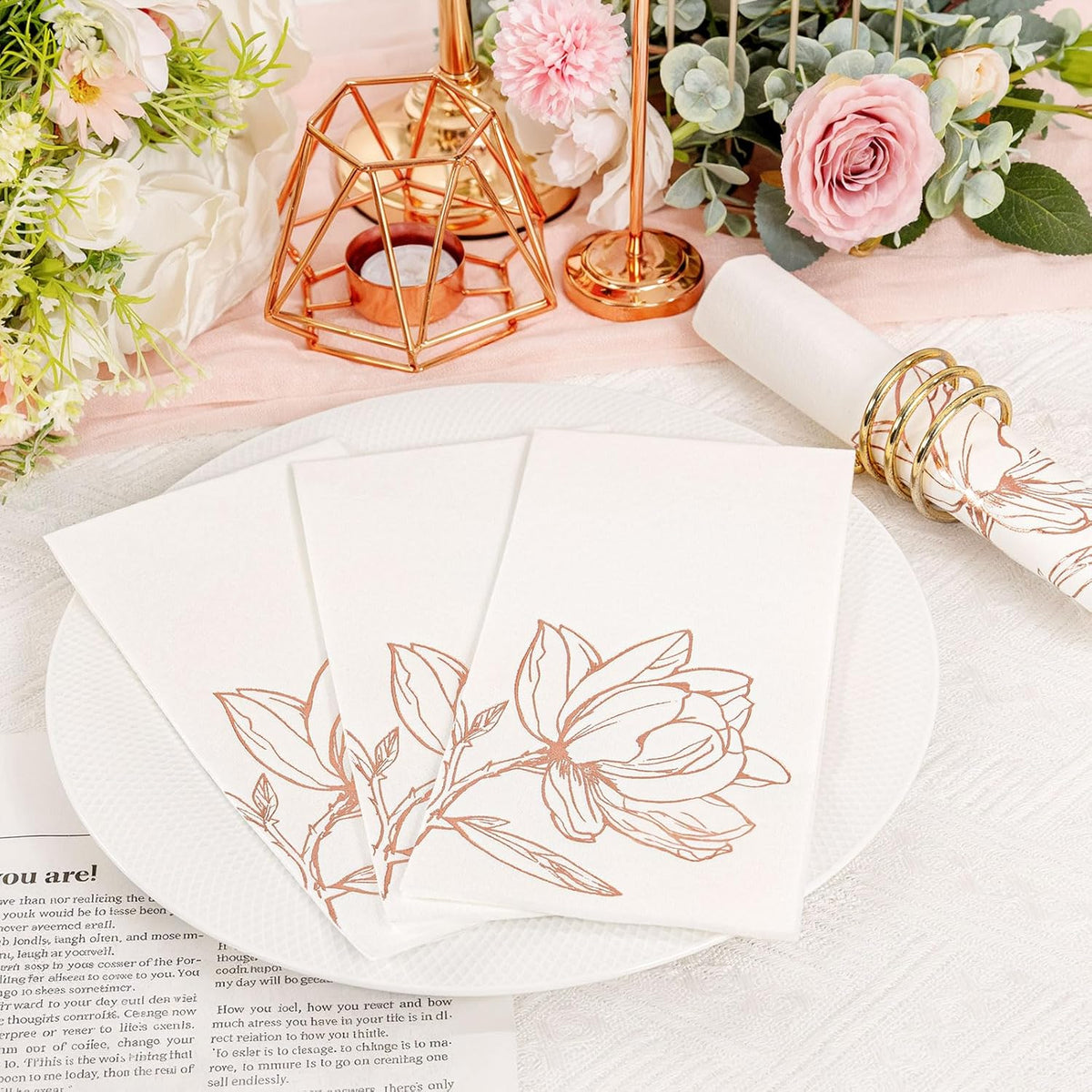 50 Pack Rose Gold Napkins - Magnolia Disposable Napkins for Weddings