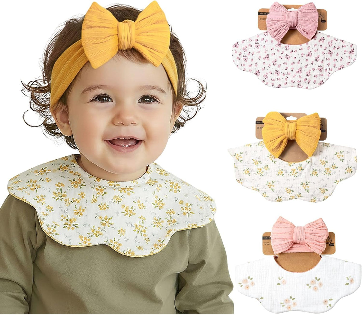 Baby Cotton Muslin Bibs and Bow Headbands Set