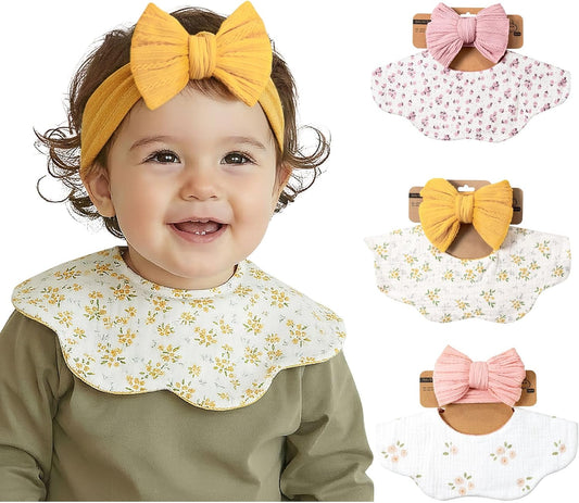 Baby Cotton Muslin Bibs and Bow Headbands Set