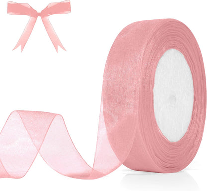 Light Pink Chiffon & Organza Ribbons Pink Ribbons 1 Inch Sheer Ribbon Organza 50 Yards Tulle for Gift Wrapping Halloween Christmas Ribbon for Crafts Flower Bouquet Hair Bows Wedding Champagne-Pink