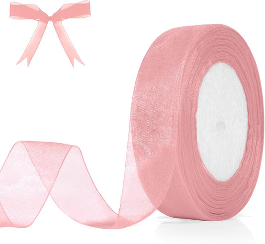 Light Pink Chiffon & Organza Ribbons Pink Ribbons 1 Inch Sheer Ribbon Organza 50 Yards Tulle for Gift Wrapping Halloween Christmas Ribbon for Crafts Flower Bouquet Hair Bows Wedding Champagne-Pink