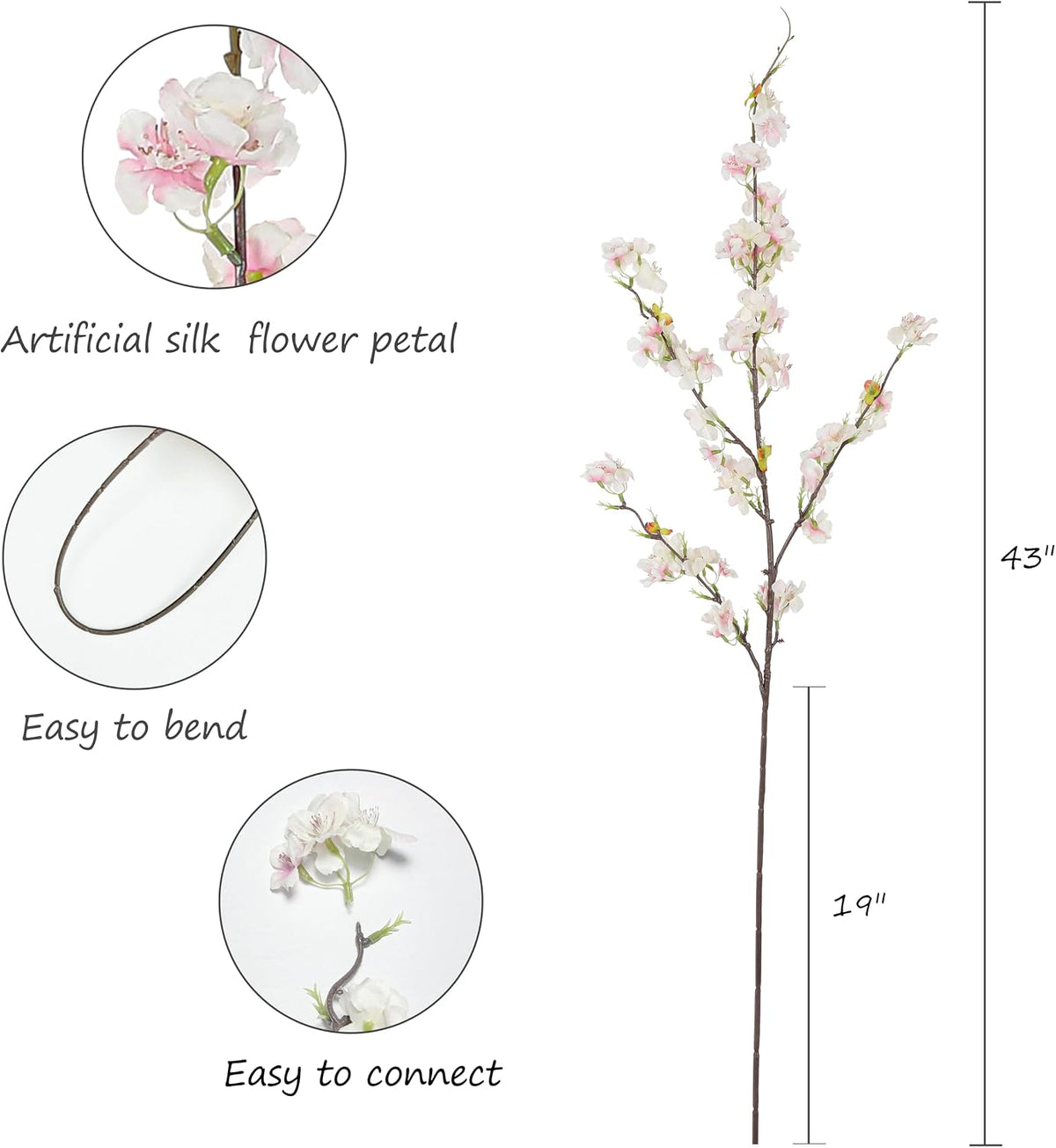Artificial Cherry Blossom Flowers (4pcs, Light Pink), Real Touch Silk Bouquet for Home, Wedding, Garden and Party Events Decoration, DIY Fake Floral Arrangements