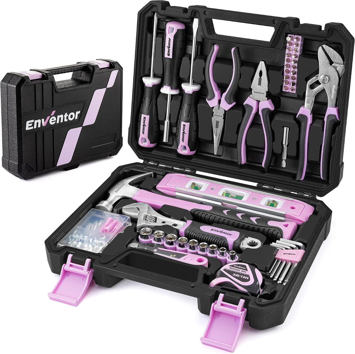 Enventor Tool Set with Fitted Storage Case, 146 Pieces, Pink