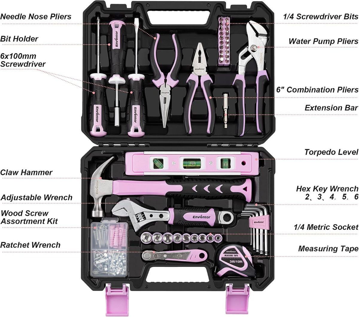 Enventor Tool Set with Fitted Storage Case, 146 Pieces, Pink