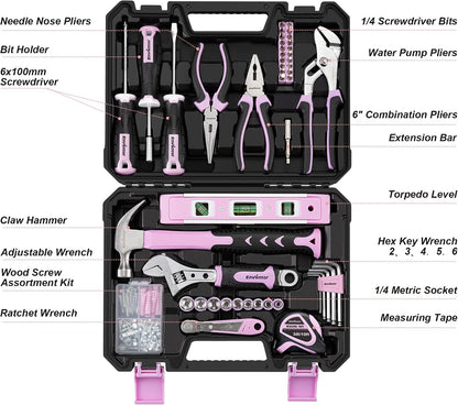 Enventor Tool Set with Fitted Storage Case, 146 Pieces, Pink