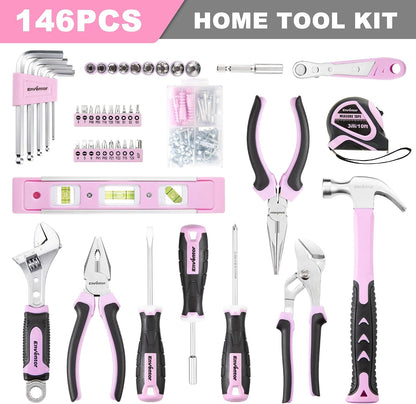 Enventor Tool Set with Fitted Storage Case, 146 Pieces, Pink