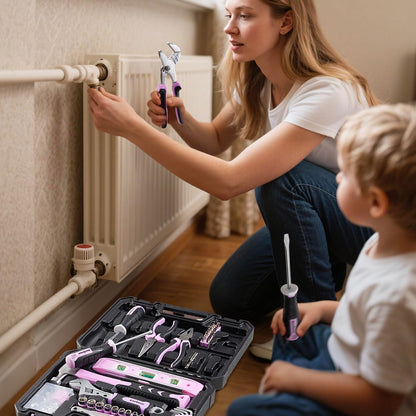 Enventor Tool Set with Fitted Storage Case, 146 Pieces, Pink