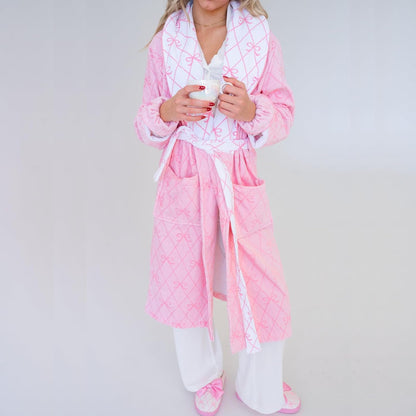 Cute Plush Robes for Women Bow Striped Fluffy Bathrobe Soft Warm Long Robes House Coat Holiday Loungwear