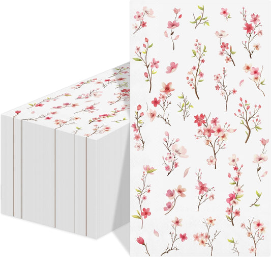 50 Pack Spring Paper Napkins Disposable Pink Floral Hand Towels Cherry Blossom Decorative Table Napkin for Spring Summer Wedding Dinner Supplies Tableware Decor，4.3"*7.8"