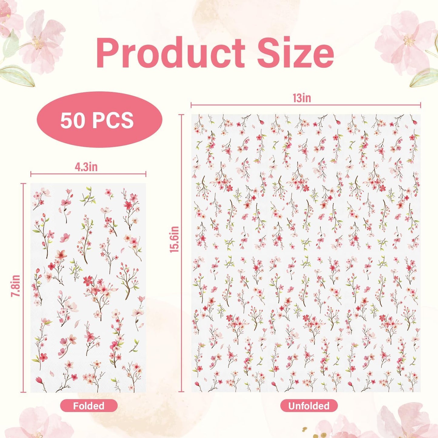 50 Pack Spring Paper Napkins Disposable Pink Floral Hand Towels Cherry Blossom Decorative Table Napkin for Spring Summer Wedding Dinner Supplies Tableware Decor，4.3"*7.8"