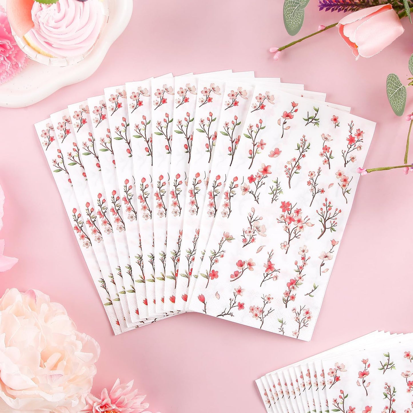 50 Pack Spring Paper Napkins Disposable Pink Floral Hand Towels Cherry Blossom Decorative Table Napkin for Spring Summer Wedding Dinner Supplies Tableware Decor，4.3"*7.8"
