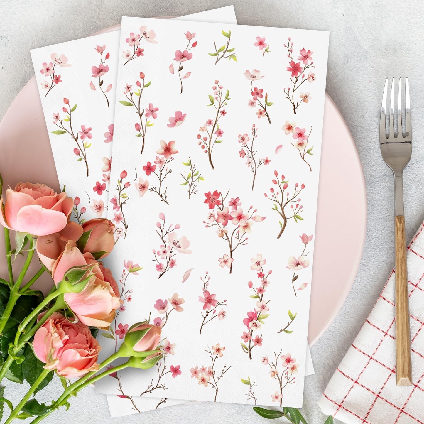 50 Pack Spring Paper Napkins Disposable Pink Floral Hand Towels Cherry Blossom Decorative Table Napkin for Spring Summer Wedding Dinner Supplies Tableware Decor，4.3"*7.8"