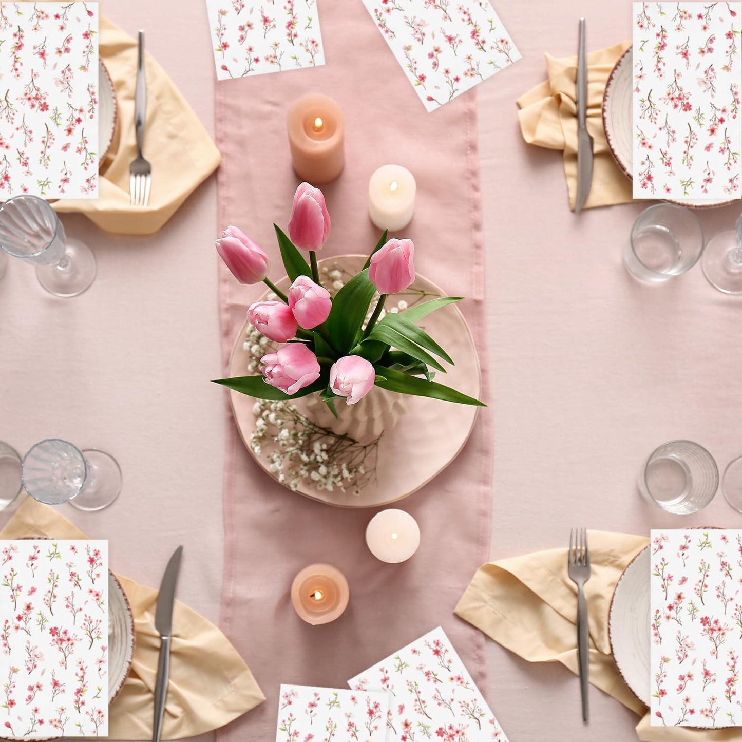 50 Pack Spring Paper Napkins Disposable Pink Floral Hand Towels Cherry Blossom Decorative Table Napkin for Spring Summer Wedding Dinner Supplies Tableware Decor，4.3"*7.8"