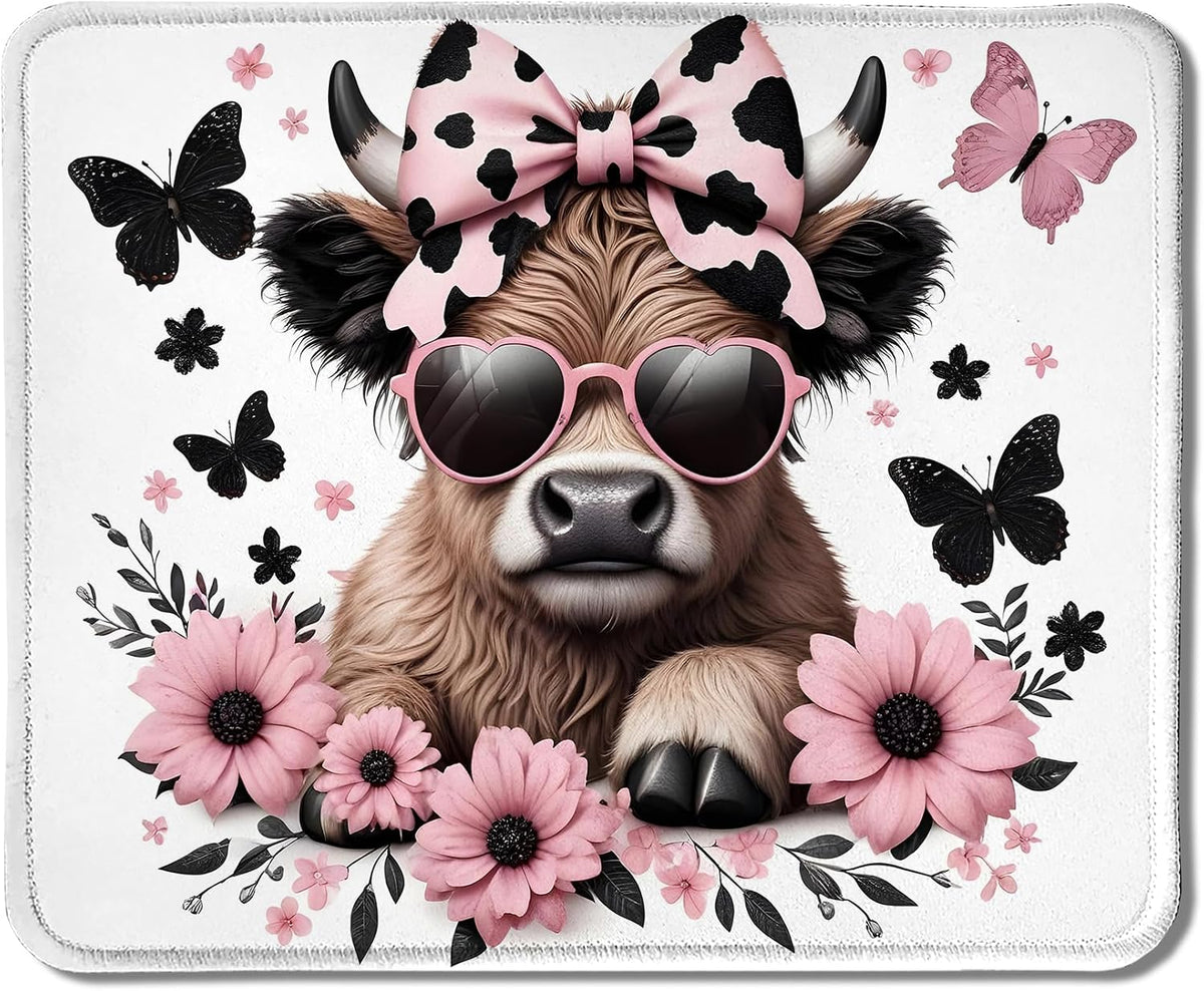 Highland Cow Mouse Pad, Coquette Pink Bow Floral Cow Mouse Pads for Wireless Mouse Computers Laptop Desk Accessories, 9.5x7.9 Inch