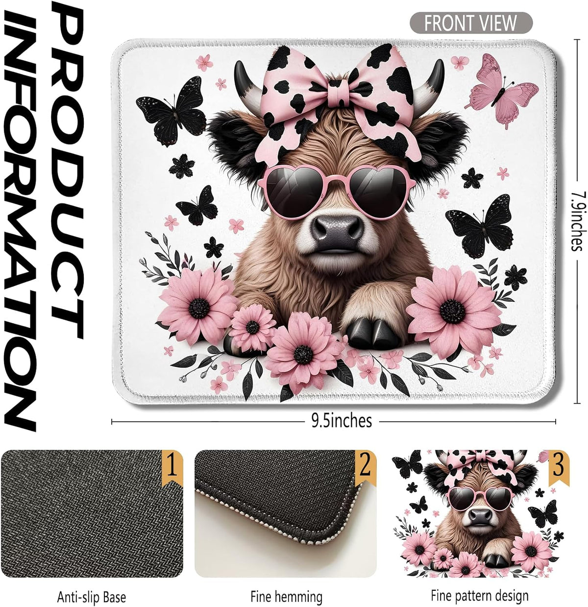 Highland Cow Mouse Pad, Coquette Pink Bow Floral Cow Mouse Pads for Wireless Mouse Computers Laptop Desk Accessories, 9.5x7.9 Inch