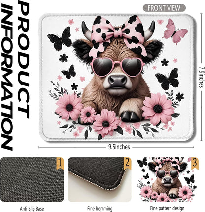 Highland Cow Mouse Pad, Coquette Pink Bow Floral Cow Mouse Pads for Wireless Mouse Computers Laptop Desk Accessories, 9.5x7.9 Inch