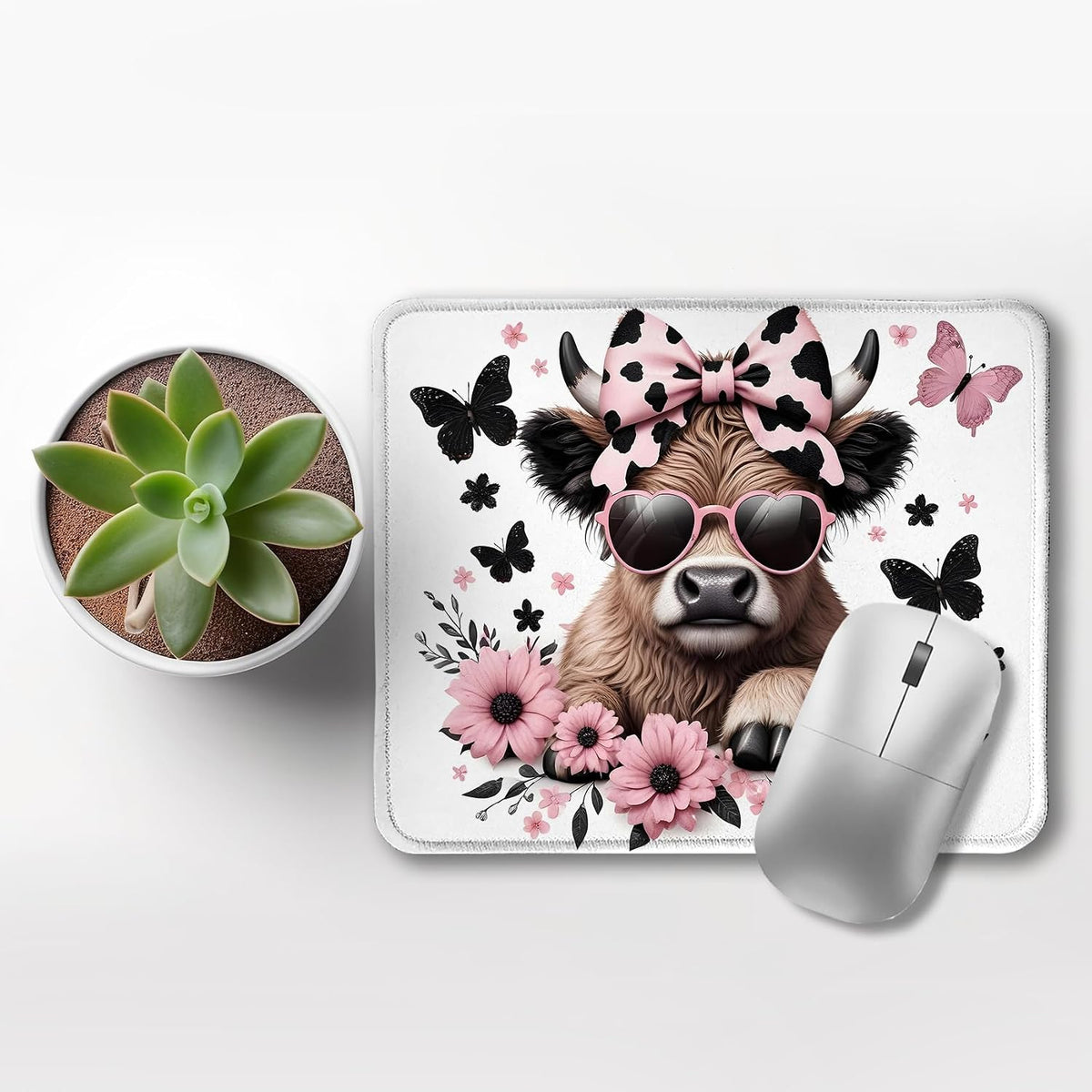 Highland Cow Mouse Pad, Coquette Pink Bow Floral Cow Mouse Pads for Wireless Mouse Computers Laptop Desk Accessories, 9.5x7.9 Inch