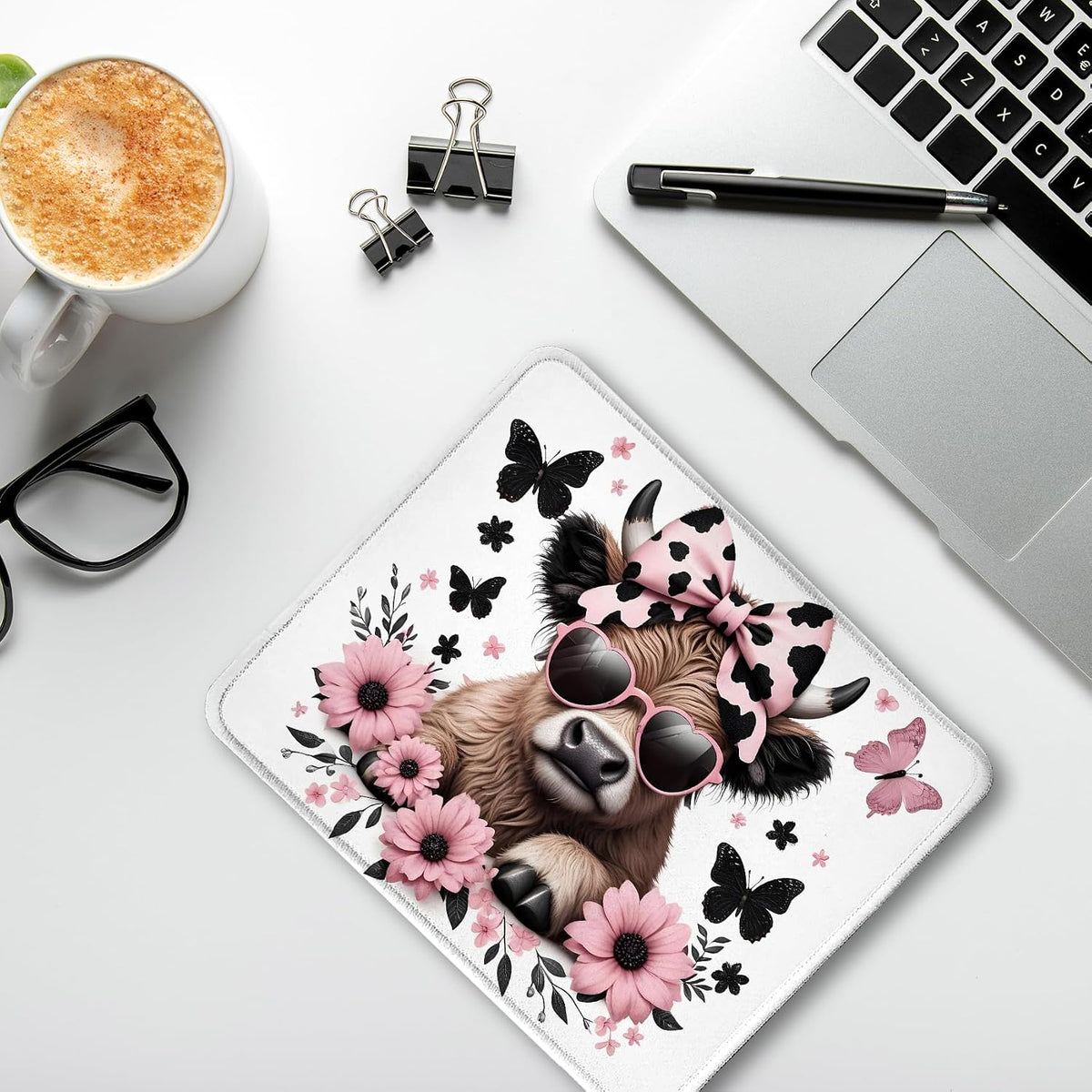 Highland Cow Mouse Pad, Coquette Pink Bow Floral Cow Mouse Pads for Wireless Mouse Computers Laptop Desk Accessories, 9.5x7.9 Inch
