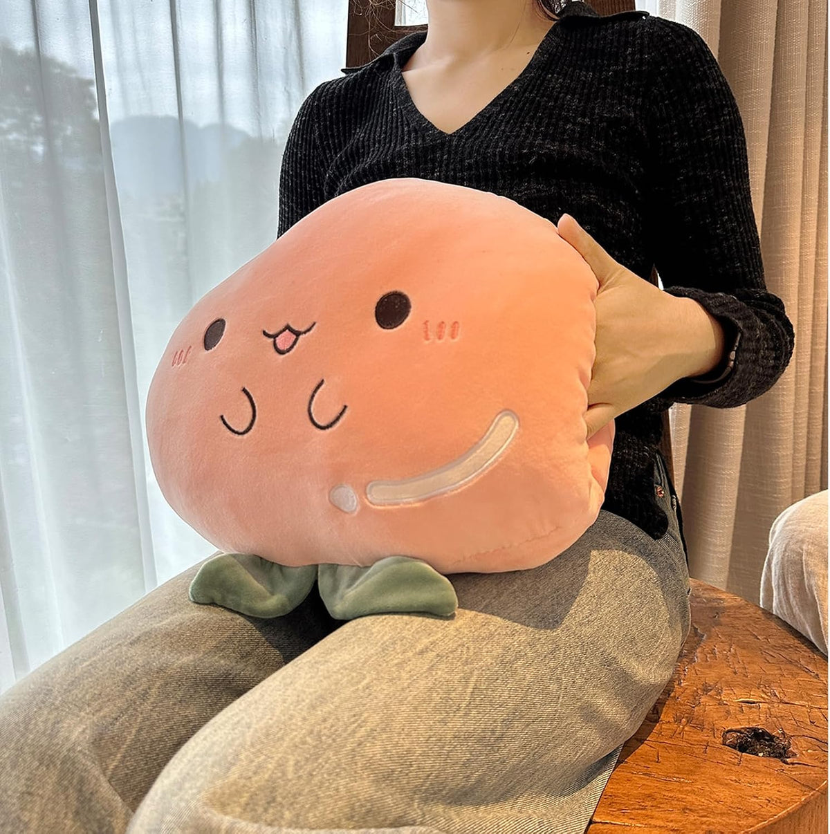 Peach Plush Pillow, Fruit Stuffed Animal, Food Plush Pillow with Hand Pocket, Gift for Kids Adults (12.9 * 12.2in)