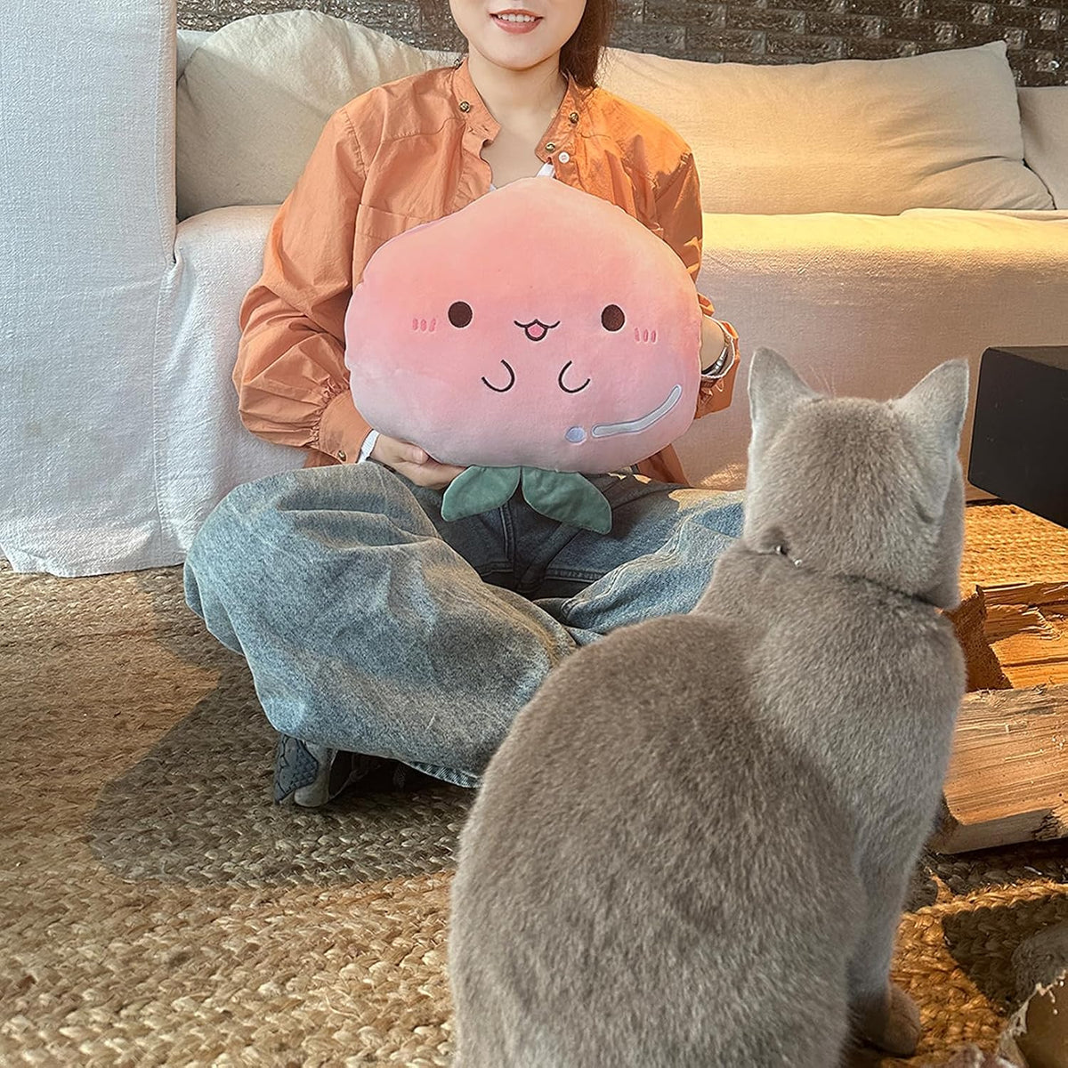 Peach Plush Pillow, Fruit Stuffed Animal, Food Plush Pillow with Hand Pocket, Gift for Kids Adults (12.9 * 12.2in)