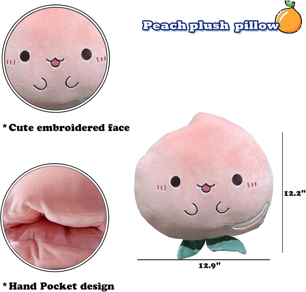 Peach Plush Pillow, Fruit Stuffed Animal, Food Plush Pillow with Hand Pocket, Gift for Kids Adults (12.9 * 12.2in)