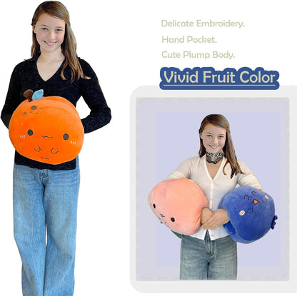 Peach Plush Pillow, Fruit Stuffed Animal, Food Plush Pillow with Hand Pocket, Gift for Kids Adults (12.9 * 12.2in)