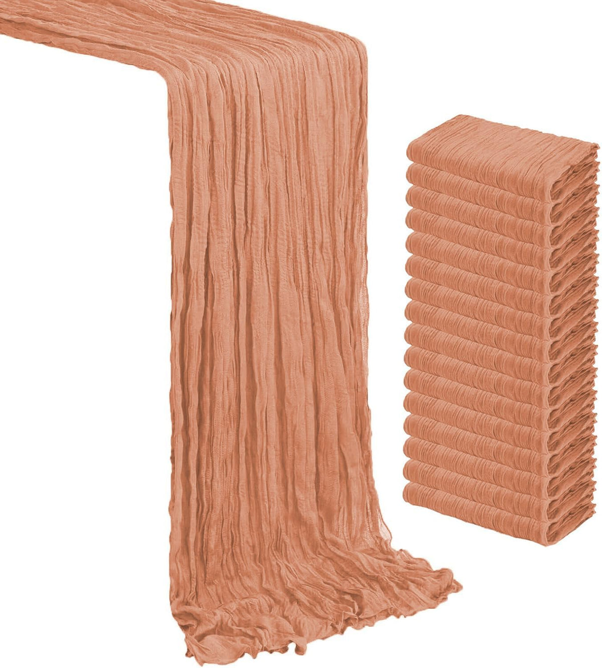 Cheesecloth Table Runner 17” x 108” - 1 PC - Boho Long Crinkle 100% Cotton Gauze Table Runner for Wedding, Bridal & Baby Shower, Party Tablescape, Rustic Farmhouse Table Décor - Coral Peach