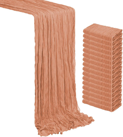 Cheesecloth Table Runner 17” x 108” - 1 PC - Boho Long Crinkle 100% Cotton Gauze Table Runner for Wedding, Bridal & Baby Shower, Party Tablescape, Rustic Farmhouse Table Décor - Coral Peach