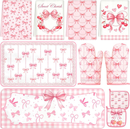 10Pcs Pink Bow Kitchen Decor Set Coquette Towels Pot Holders Oven Mitts Mats for Home Baking Gifts