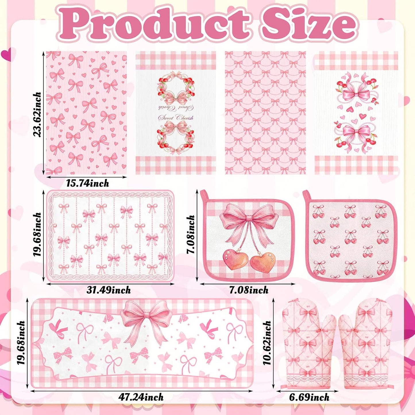 10Pcs Pink Bow Kitchen Decor Set Coquette Towels Pot Holders Oven Mitts Mats for Home Baking Gifts