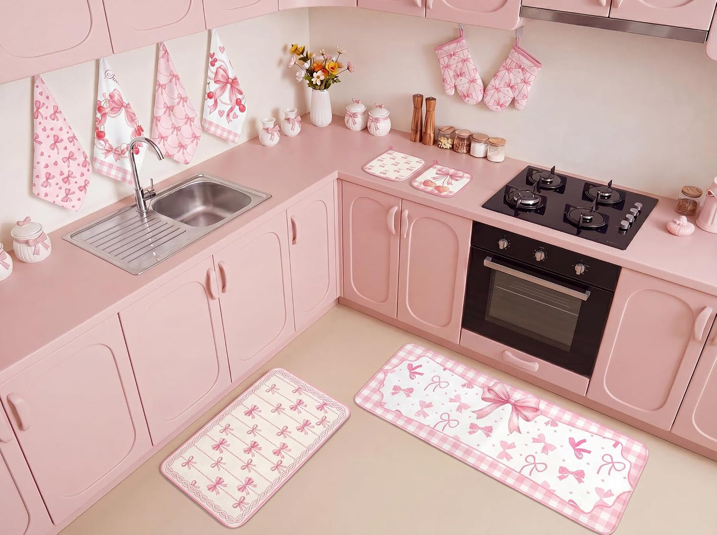 10Pcs Pink Bow Kitchen Decor Set Coquette Towels Pot Holders Oven Mitts Mats for Home Baking Gifts