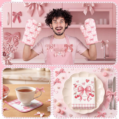 10Pcs Pink Bow Kitchen Decor Set Coquette Towels Pot Holders Oven Mitts Mats for Home Baking Gifts