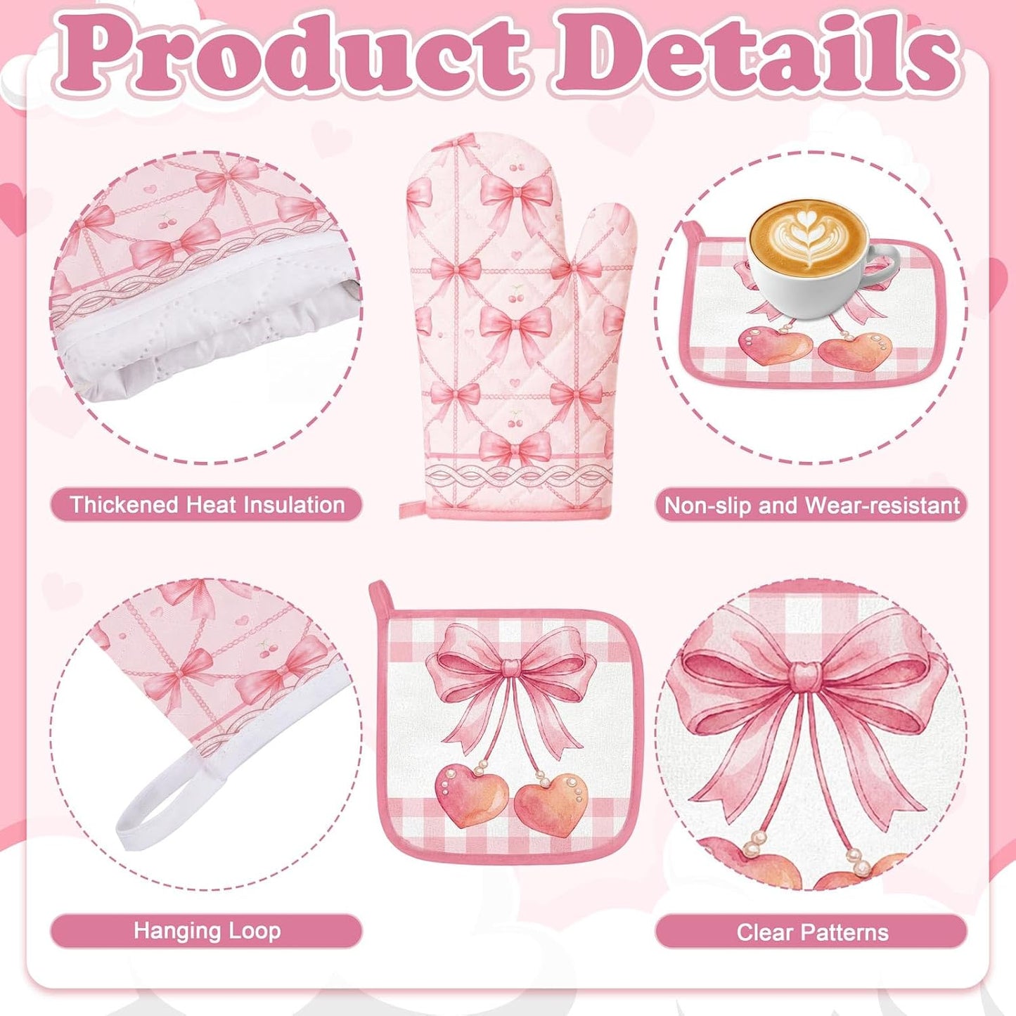 10Pcs Pink Bow Kitchen Decor Set Coquette Towels Pot Holders Oven Mitts Mats for Home Baking Gifts