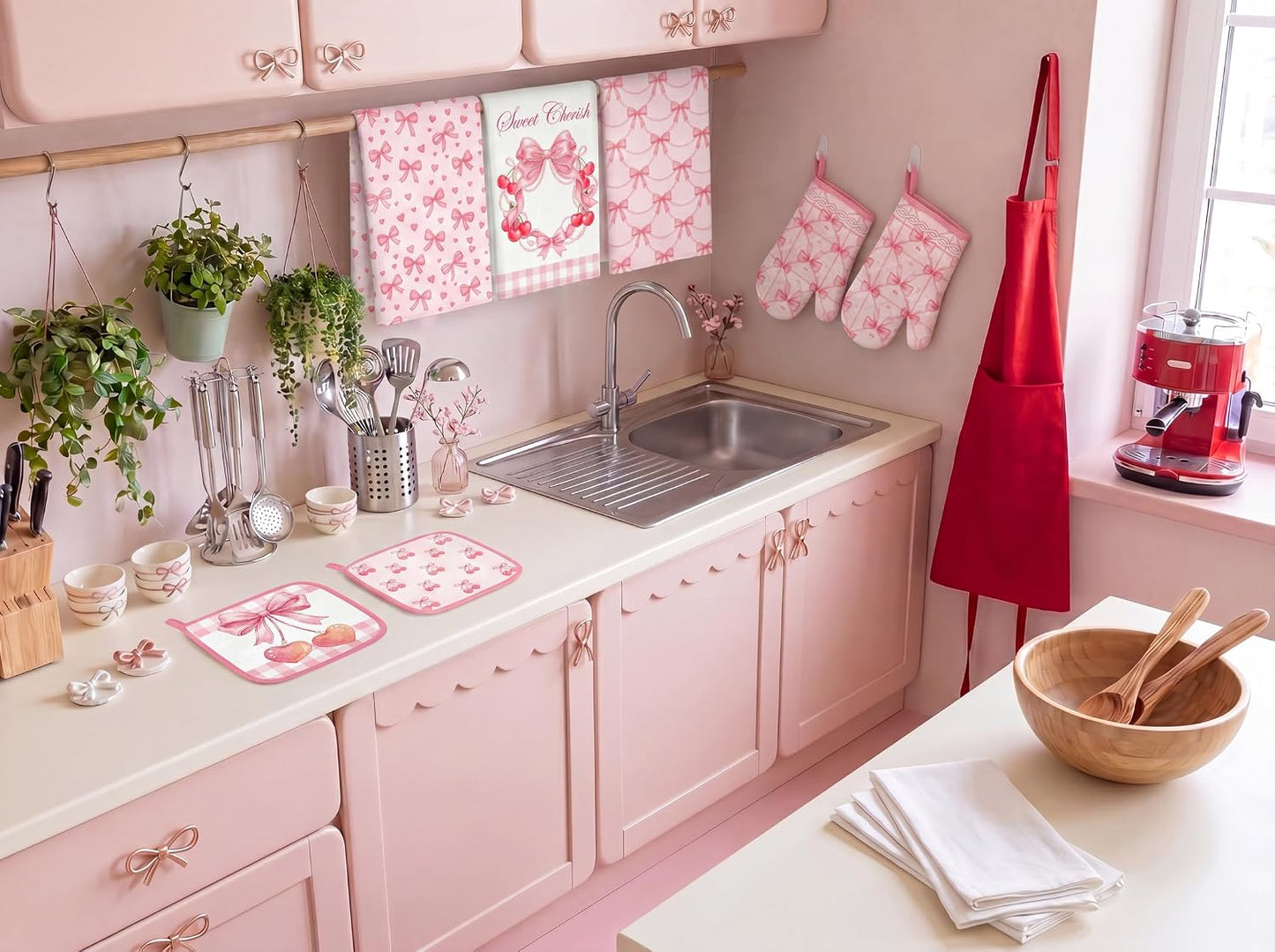 10Pcs Pink Bow Kitchen Decor Set Coquette Towels Pot Holders Oven Mitts Mats for Home Baking Gifts