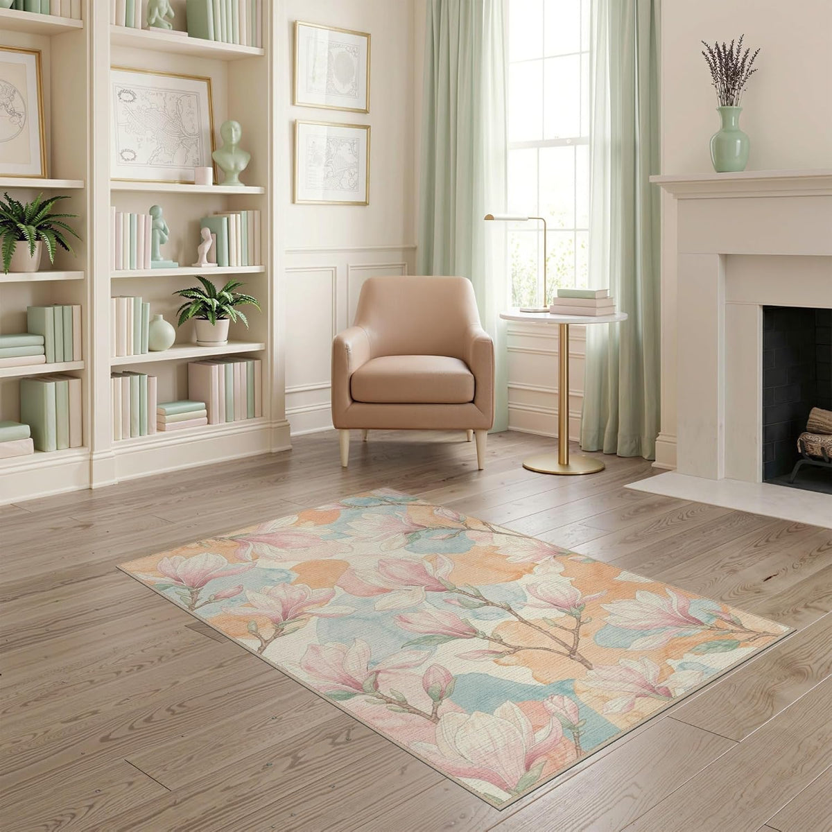 4'x6' Washable Flatwoven Rug, Peach Contemporary Floral Easy Care Throw Carpet for Dorm Room, Small Living Room, Apartment, Stain Resistant Low Profile Floor Covering | Ref:2037847