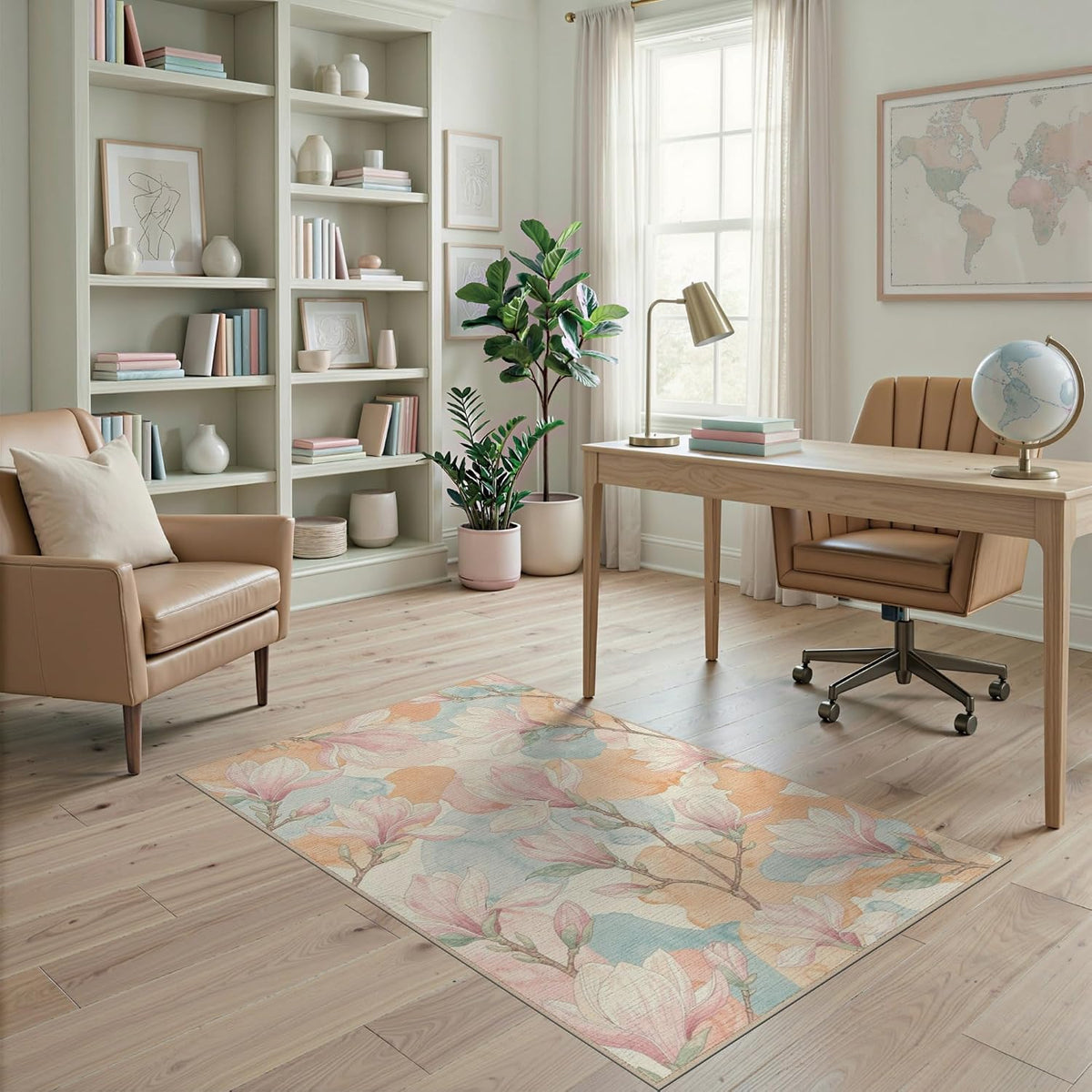 4'x6' Washable Flatwoven Rug, Peach Contemporary Floral Easy Care Throw Carpet for Dorm Room, Small Living Room, Apartment, Stain Resistant Low Profile Floor Covering | Ref:2037847