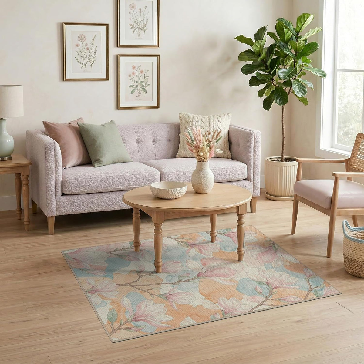 4'x6' Washable Flatwoven Rug, Peach Contemporary Floral Easy Care Throw Carpet for Dorm Room, Small Living Room, Apartment, Stain Resistant Low Profile Floor Covering | Ref:2037847
