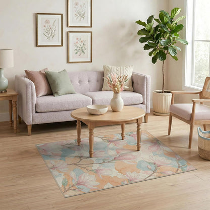 4'x6' Washable Flatwoven Rug, Peach Contemporary Floral Easy Care Throw Carpet for Dorm Room, Small Living Room, Apartment, Stain Resistant Low Profile Floor Covering | Ref:2037847