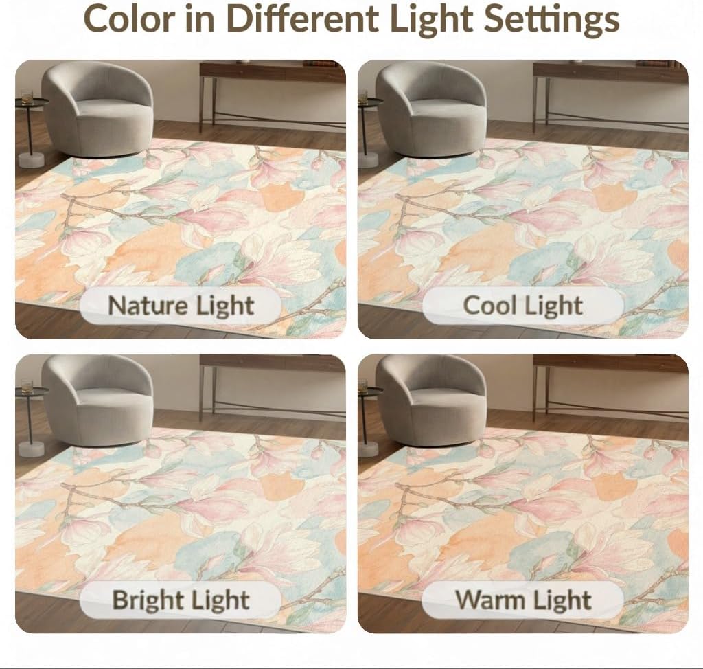4'x6' Washable Flatwoven Rug, Peach Contemporary Floral Easy Care Throw Carpet for Dorm Room, Small Living Room, Apartment, Stain Resistant Low Profile Floor Covering | Ref:2037847