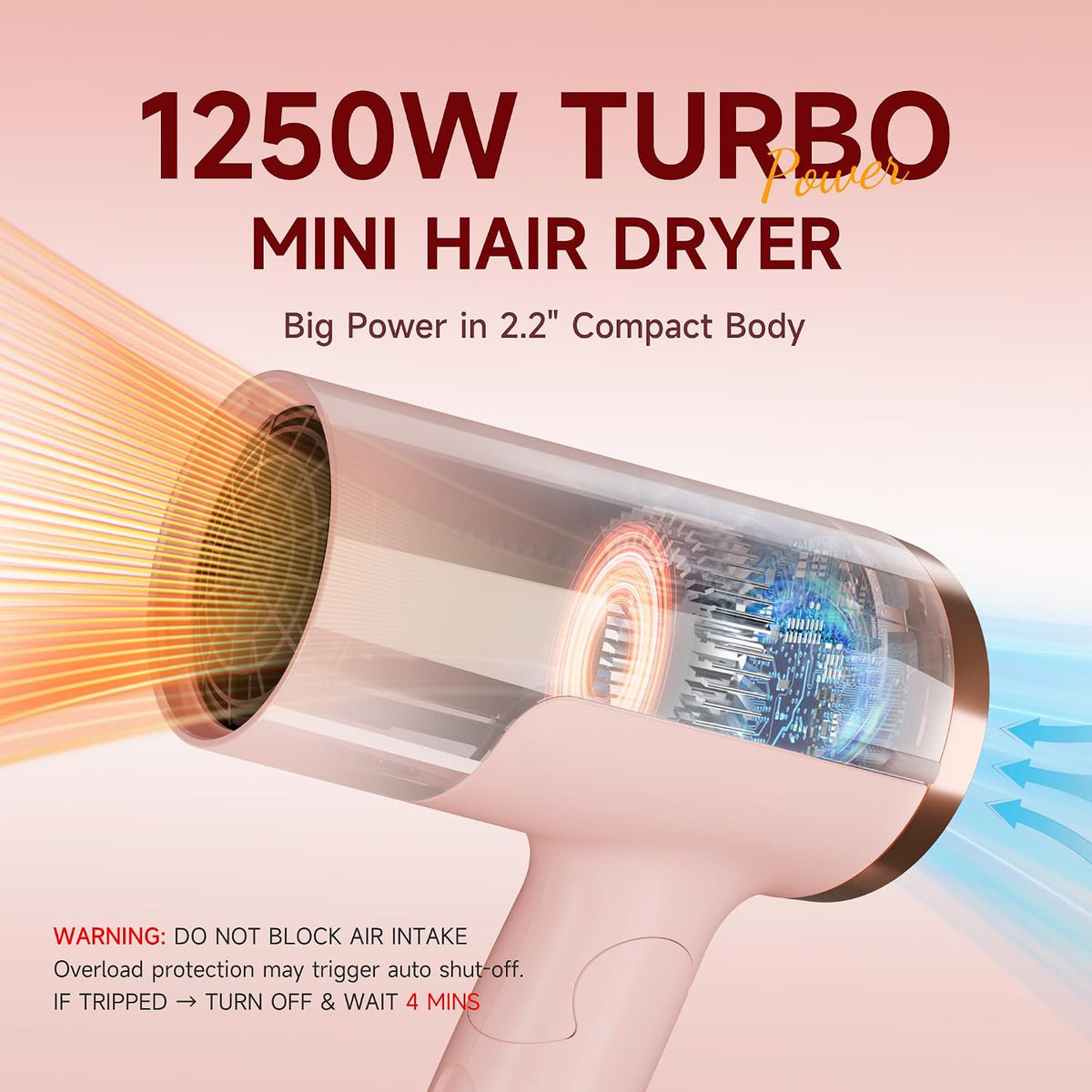 1250W Dual Voltage Travel Hair Dryer with Diffuser,Foldable